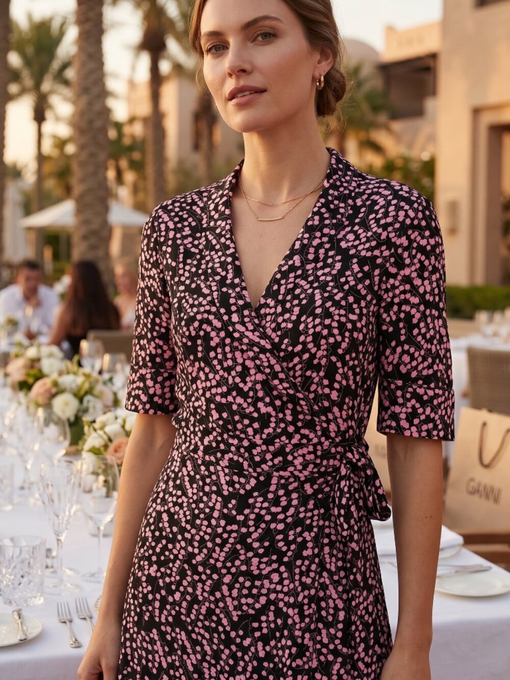 NWT Ganni Ditsy Floral Wrap Dress Black/Pink‎ Knee Length Size EU 34/ US 2 $255